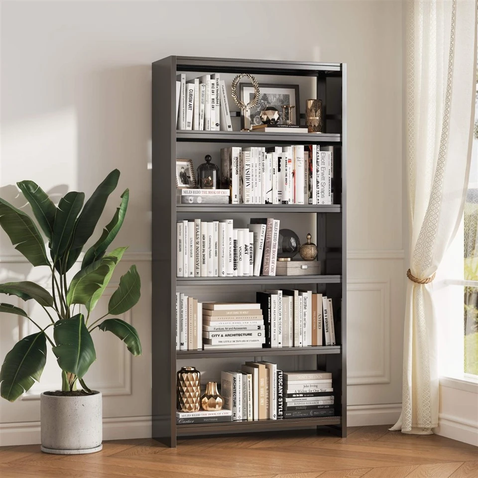 The Metal Black Bookshelf features a bookend design, effectively preventing books from sliding and keeping the bookshelf neat and organized. manufacturers